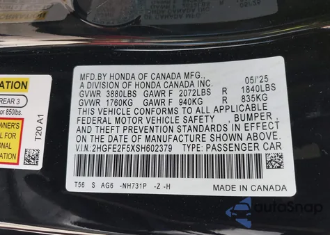 2025 Honda Civic Sport from USA, damaged, VIN 2HGFE2F5XSH602379